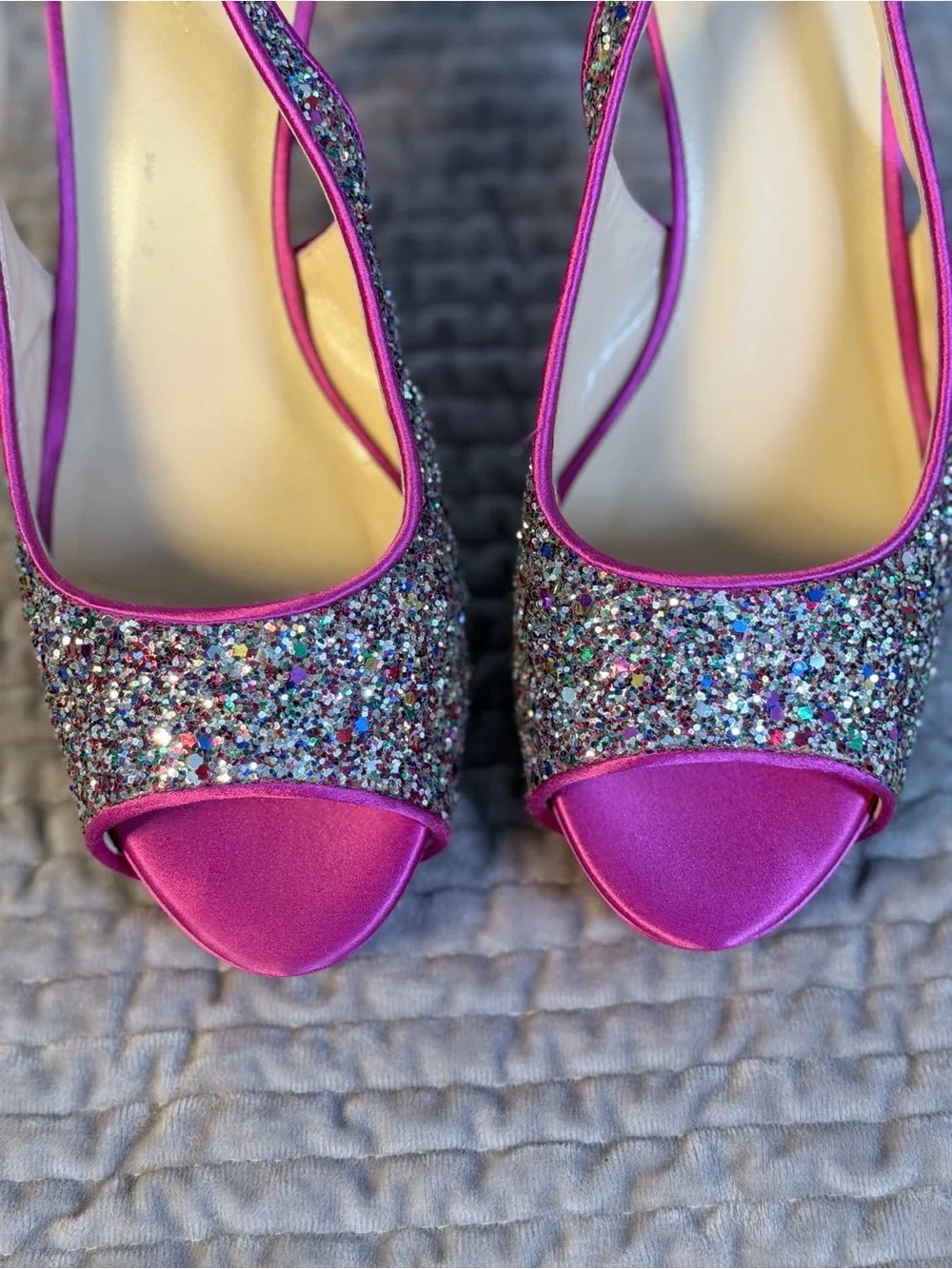 KATE SPADE Glitzy Fuschia Pink Glitter Slingback Peep-toe Platform Heels Size 8B
